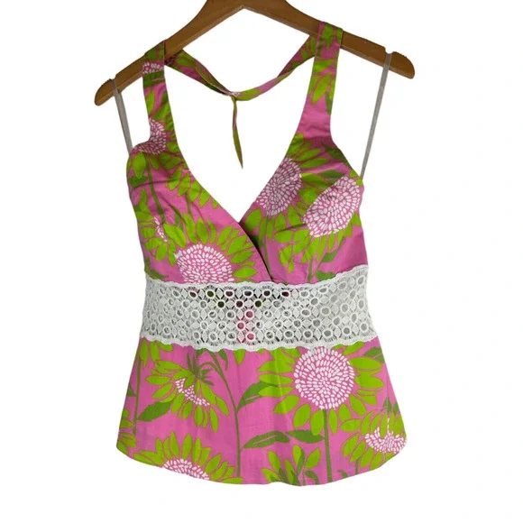 VTG Y2K Lilly Pulizter Chantel Halter Top Palm Beach Hibiscus Pink Womens Size 4 - Picture 7 of 7